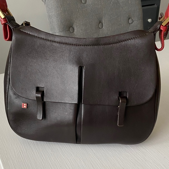 Bally Italian Brown Leather Shoulder Bag Red Strap Front Pockets w COA - Picture 4 of 17